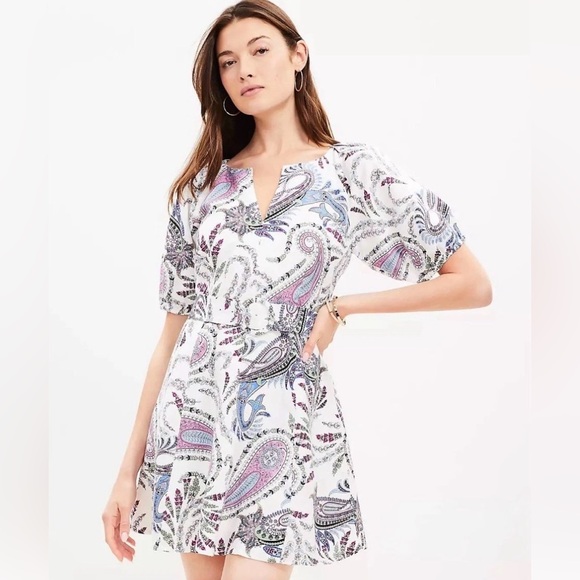 NWT Loft Paisley Linen Blend Belted Puff Sleeve Dress